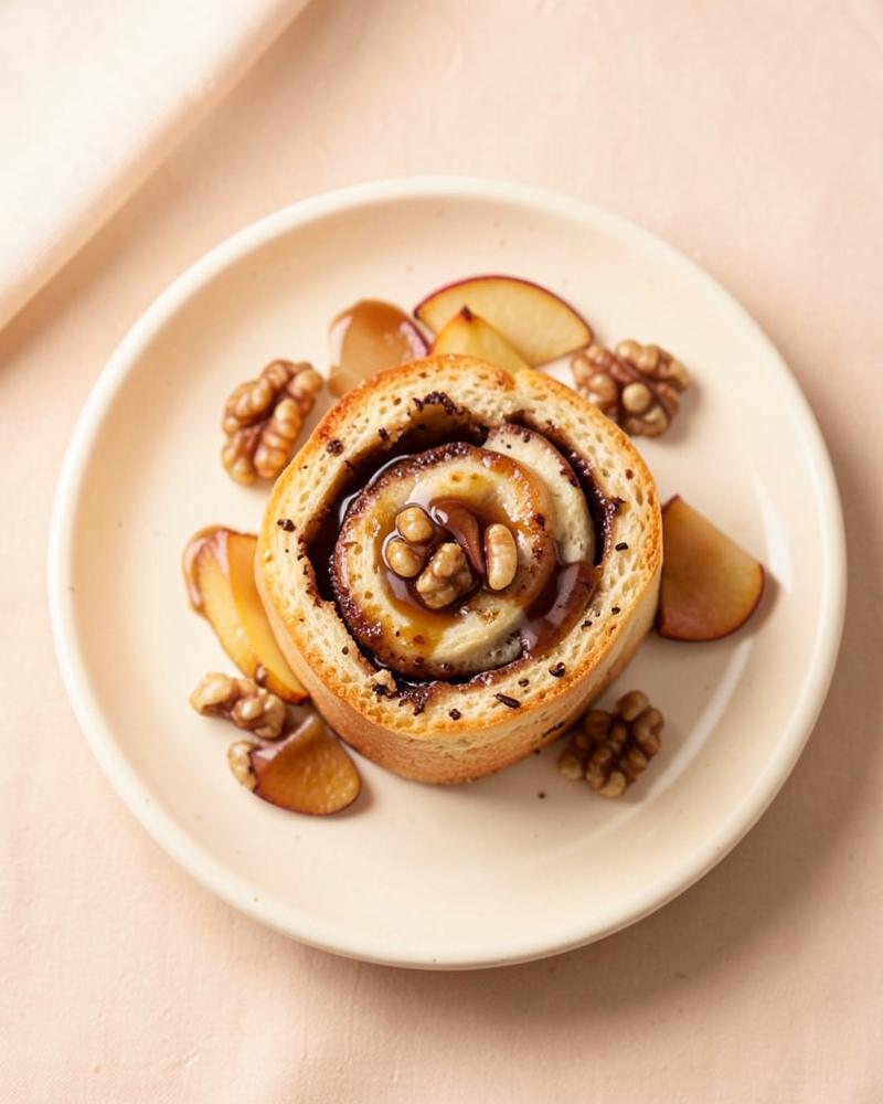 Apple and walnut cinnamon roll on a cream plate