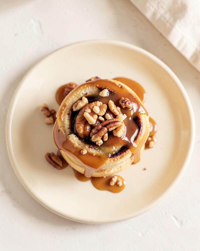 Salted caramel pecan cinnamon roll on a cream plate