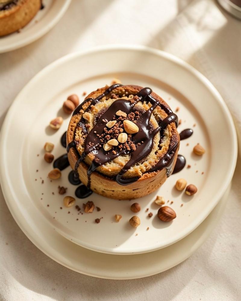 Chocolate hazelnut cinnamon roll with cocoa drizzle