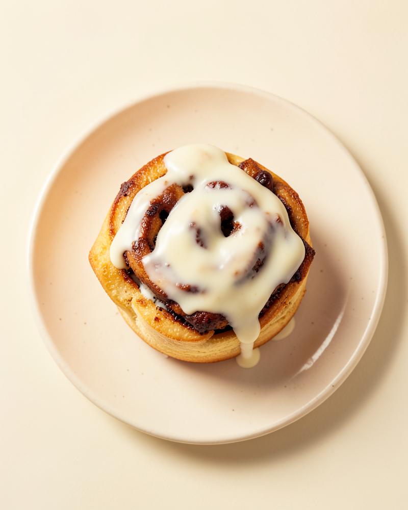 Classic cinnamon roll with cream cheese glaze on a cream plate