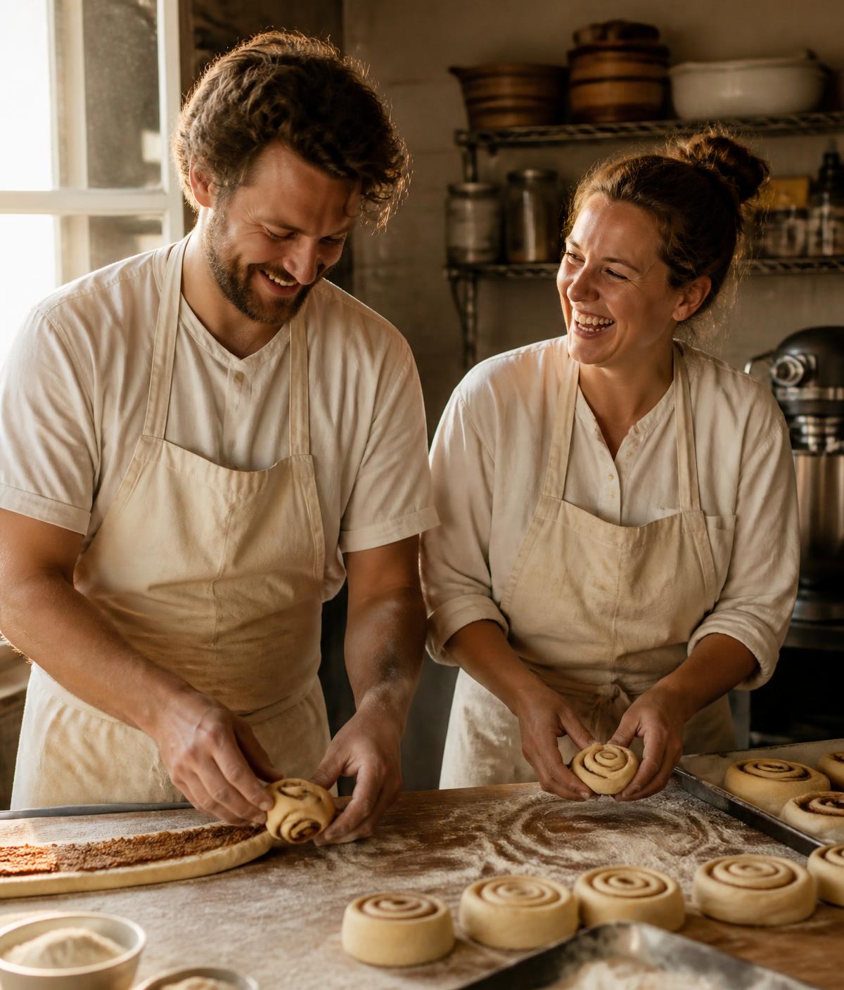 Two bakers shaping cinnamon roll dough together in a warm bakery kitchen